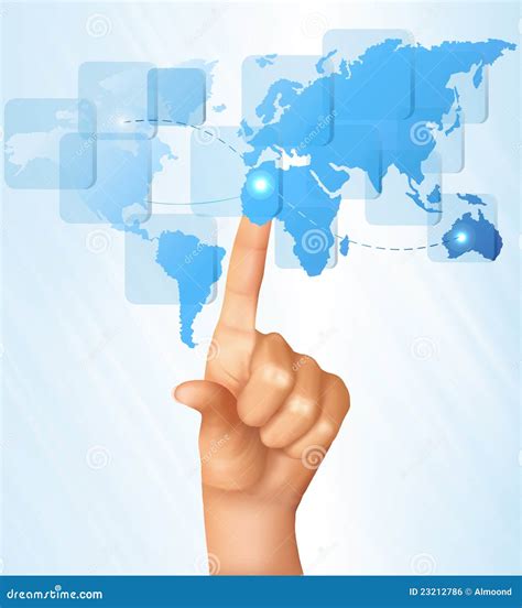 Finger Touching World Map On A Touch Screen Royalty Free Stock Image