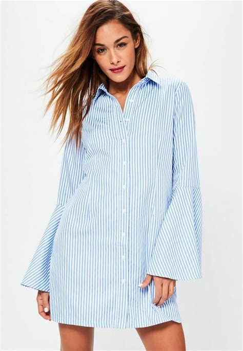 Blue Stripe Flare Sleeve Shirt Dress Striped Wear Shirt Dress Women