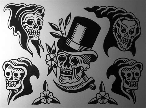 These tattoo designs are usually very detailed and inspired by classic art. Tattoojoris flash skull | Old school tattoo designs, Flash ...