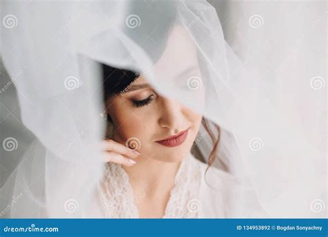Beautiful Stylish Brunette Bride Posing In Silk Robe Under Veil In The