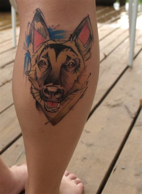 Cartoon German Shepherd Tattoo On Leg For Lady Tattooimagesbiz