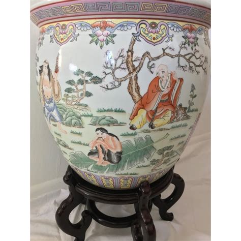 Vintage Chinese Large Fishbowl Ceramic Planter Cachepot With Stand - 2