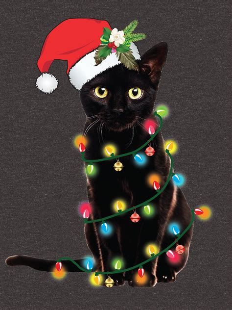 Black Santa Cat Tangled Up In Lights Christmas Santa Illustration T
