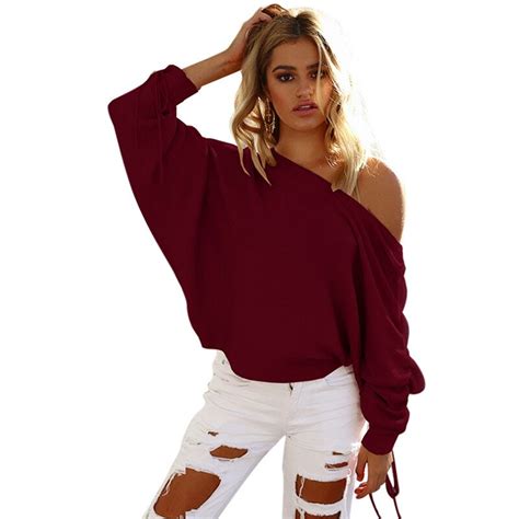 Sexy Off Shoulder Tops Long Sleeve Drawstring Loose Womens Tops And