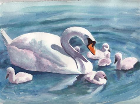 Bunnys Artwork Swan And Babies Watercolor Painting