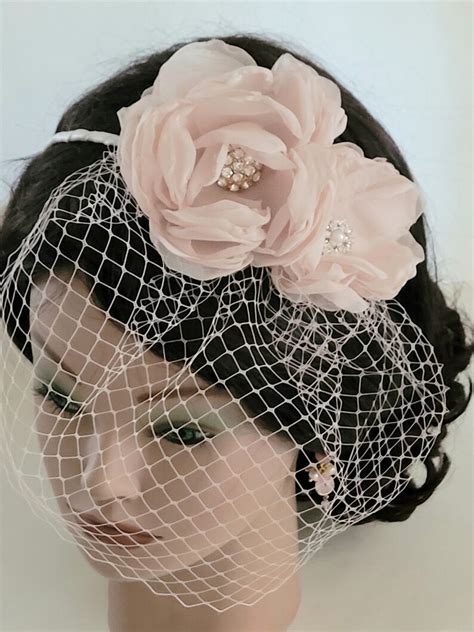 Bridal Blusher Birdcage Veil French Netting Headband Blush Flowers