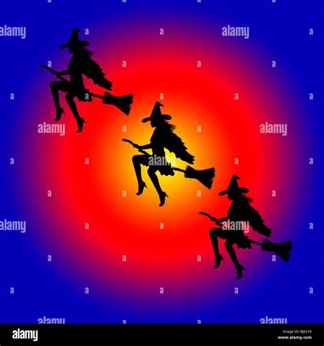 Illustration Of Witches Flying On Their Broomsticks Stock Photo Alamy