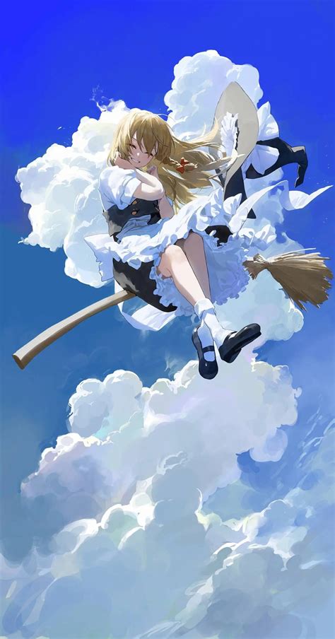 壁纸 东方 Kirisame Marisa 天空 肖像显示 动漫女孩 云彩 闭上眼睛 女巫帽子 Witchs Broom 长发 Hair Blowing In The