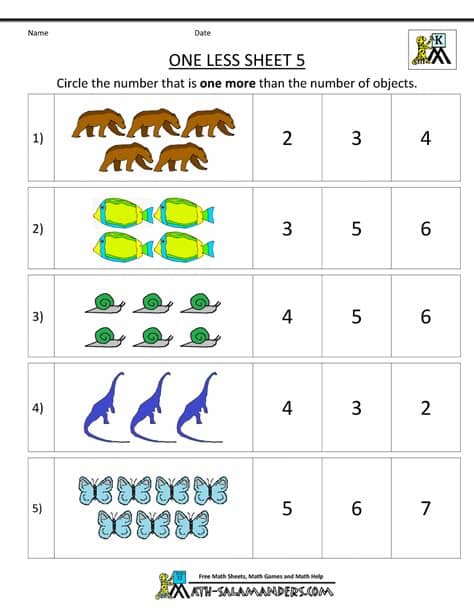 Kindergarten Math Printable Worksheets - One Less