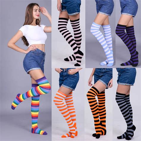 Women Sexy Thigh High Over The Knee Stockings Women Lady Girl Over The Knee Socks Striped Thigh