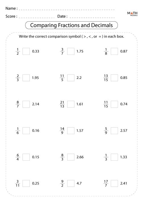 Comparing Fractions Decimals And Mixed Numbers Worksheets