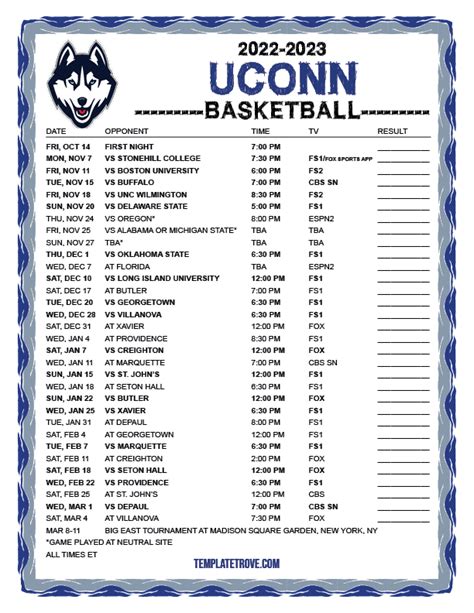Printable 2022 2023 Uconn Huskies Basketball Schedule