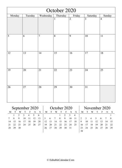 Editable Calendar October 2020