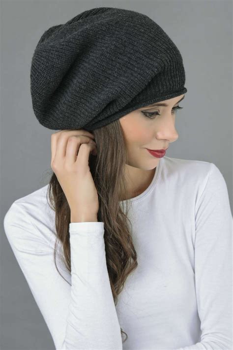 Pure Cashmere Ribbed Knitted Slouchy Beanie Hat In Charcoal Grey