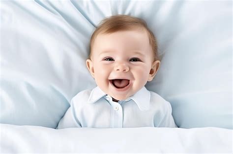 Premium Photo Ai Generative A Baby Boy Laying Down In Bed In Laughing