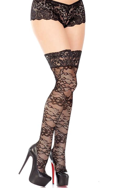 Black Lace Back Seamed Thigh High Stockings Thigh High Stockings Garters And Stockings