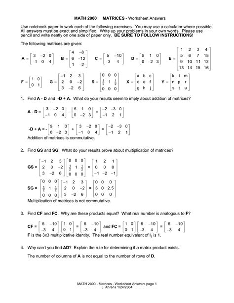 16 Matrix Algebra Worksheets