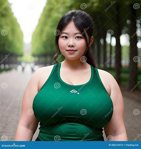 portrait of a fat asian woman wearing a green sports bra in the park stock illustration