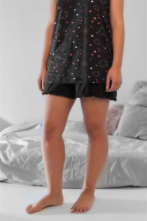 Black Cotton Pyjama Shorts With Frill Edge Plus Size 14 To 36