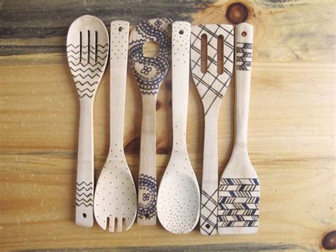 Wood Burned Kitchen Utensils Bamboo Wooden Spoons Etsy Wooden