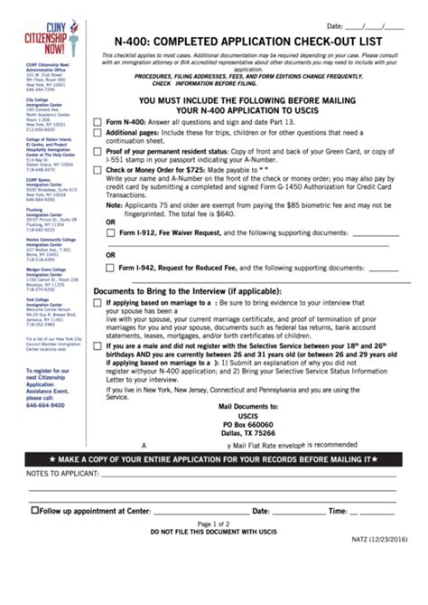 N 400 Completed Application Check Out List Printable Pdf Download