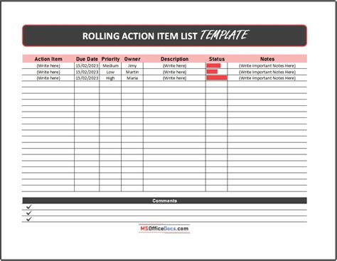 Free Rolling Action Item List Templates Ms Office Documents