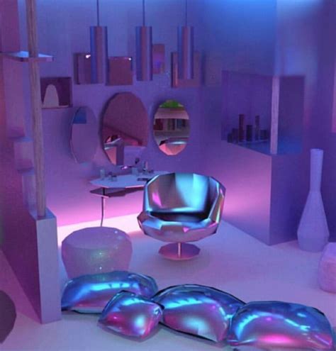 A Purple Room With Blue And Pink Lights On The Walls Furniture And