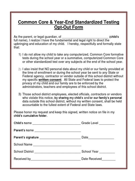 Common Core Standards Testing Opt Out Form 8 2 13 Common Core State