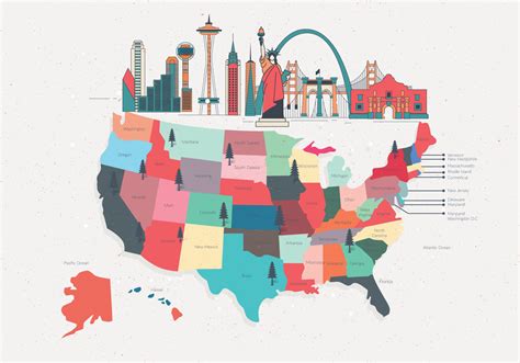 Colorful United States Landmark Map Vector 229587 Vector Art At Vecteezy