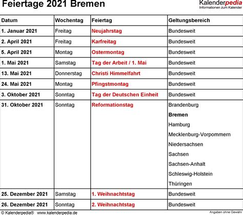 Wir haben die feiertage für 2021 auf dieser webseite aufgeführt. Feiertage Bremen 2021, 2022 & 2023 (mit Druckvorlagen)