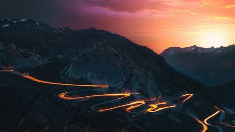 1366x768 Sunset Trails Mountains Road Long Exposure 5k 1366x768