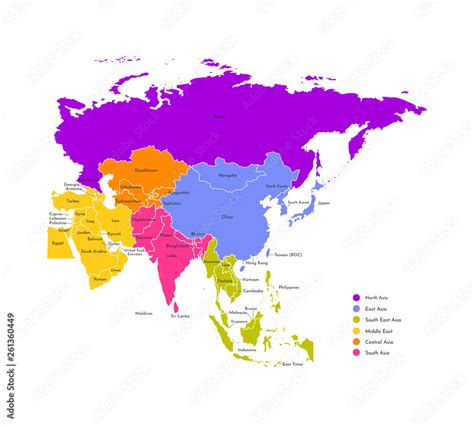 Colorful Vector Illustration With Simplified Map Of Asia Countries
