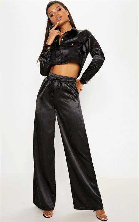 Black Satin Drawstring Wide Leg Pants Prettylittlething Il