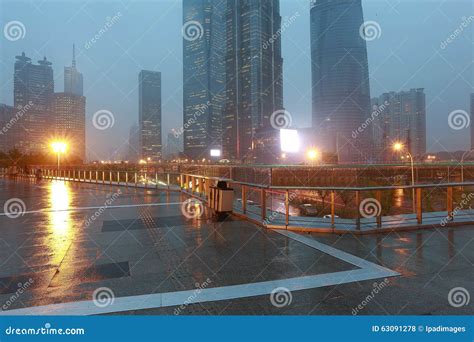 Empty Marble Floor Road With Modern City Architecture Background Stock