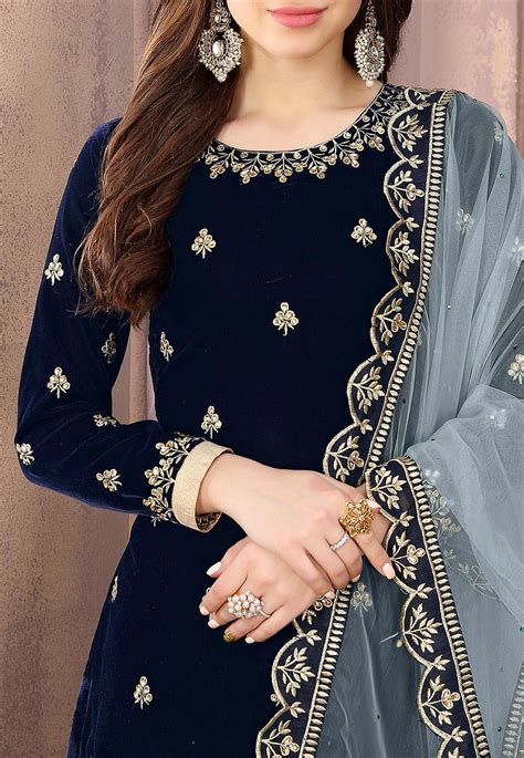 Buy Embroidered Velvet Punjabi Suit In Navy Blue Online Kch Utsav Fashion
