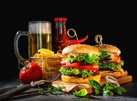 Hd Wallpaper Food Burger Beer French Fries Still Life Tomato