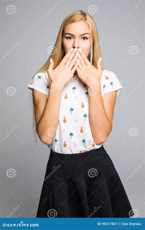 pretty girl covering her mouth over grey stock image image of cover model 99317827