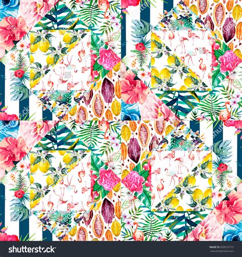 Watercolor Tropical Pattern Patchwork Style Exotic Stock Illustration