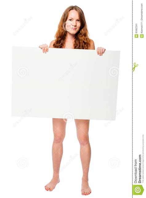 Barefooted Naked Woman Hiding Behind A White Billboard Stock Image