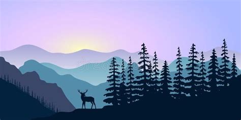 Landscape With Silhouettes Of Deer Mountains Deer And Forest At
