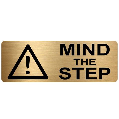 Mind The Step Sign With Image Brushed Gold Aluminium Metal Warning