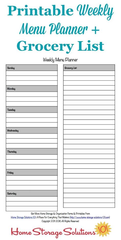 printable weekly menu planner template  grocery list weekly menu