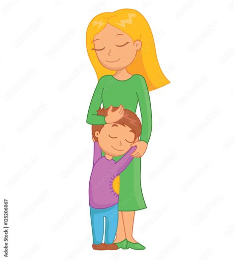 Beautiful Mother And Son Hugging Funny Bright Cartoon Character