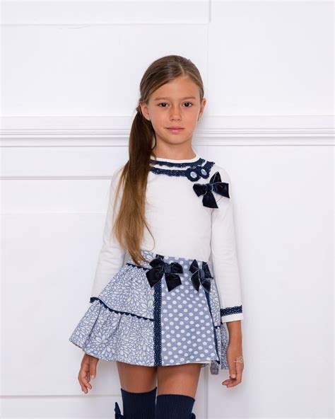 conjunto camiseta decorada and falda brocado floral azul ropa para niñas vestidos cortos para
