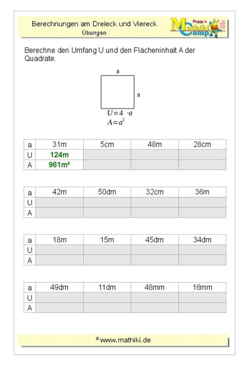 Gegebenem flächeninhalt den minimalen umfang hat, dann ergibt sich als lösung jeweils das quadrat. Quadrat: Flächeninhalt / Umfang (Klasse 7/8) - mathiki.de ...