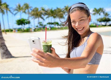 Fitness Selfie Woman Drinking Green Smoothie Stock Image Image Of Fruit Beautiful 49154819