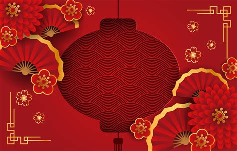 Chinese New Year Background Design With Flowers And Paper Fan On Red