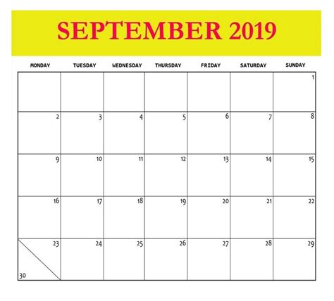 Blank September 2019 Template September Calendar Monthly Calendar
