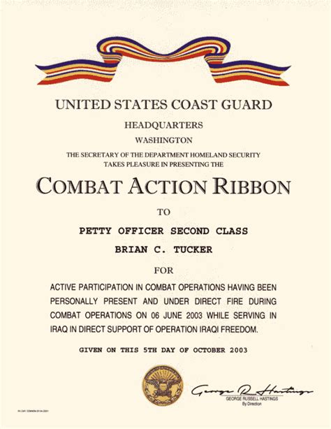 Coast Guard Combat Action Ribbon Certificate