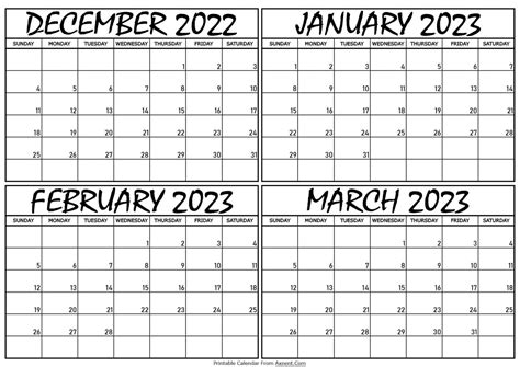 December 2022 To March 2023 Calendar Template Four Months